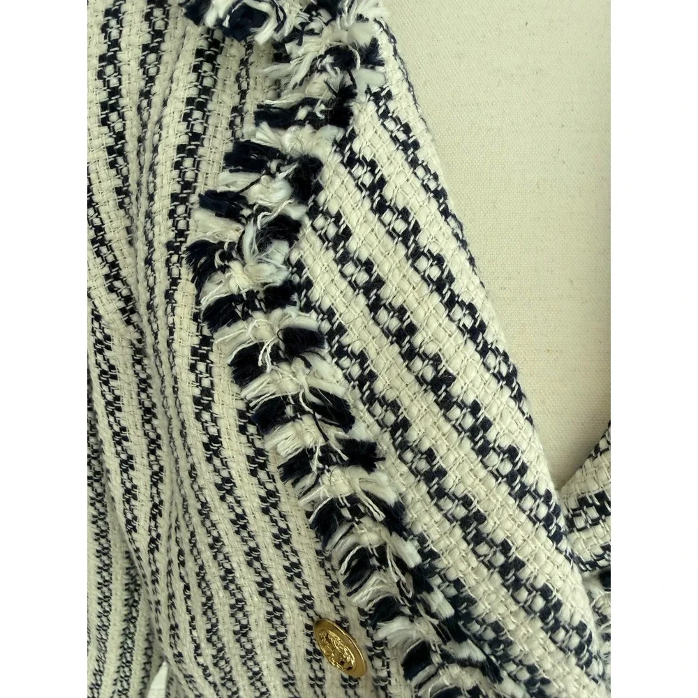 G by Giuliana Tweed Blazer‎ Women Large Navy/White Excellent Fringe Striped